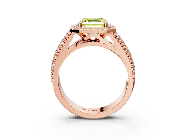 Rose Gold Asscher Cut Beaded Halo Engagement Ring Setting for Fancy Yellow Center with Pave