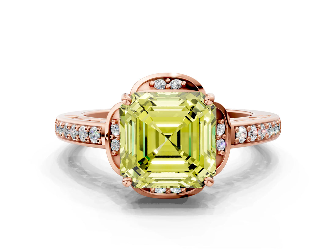 Rose gold Fancy Yellow Asscher  Cut Halo Diamond Ring with Channel Set Band and Four-Prong Setting_46