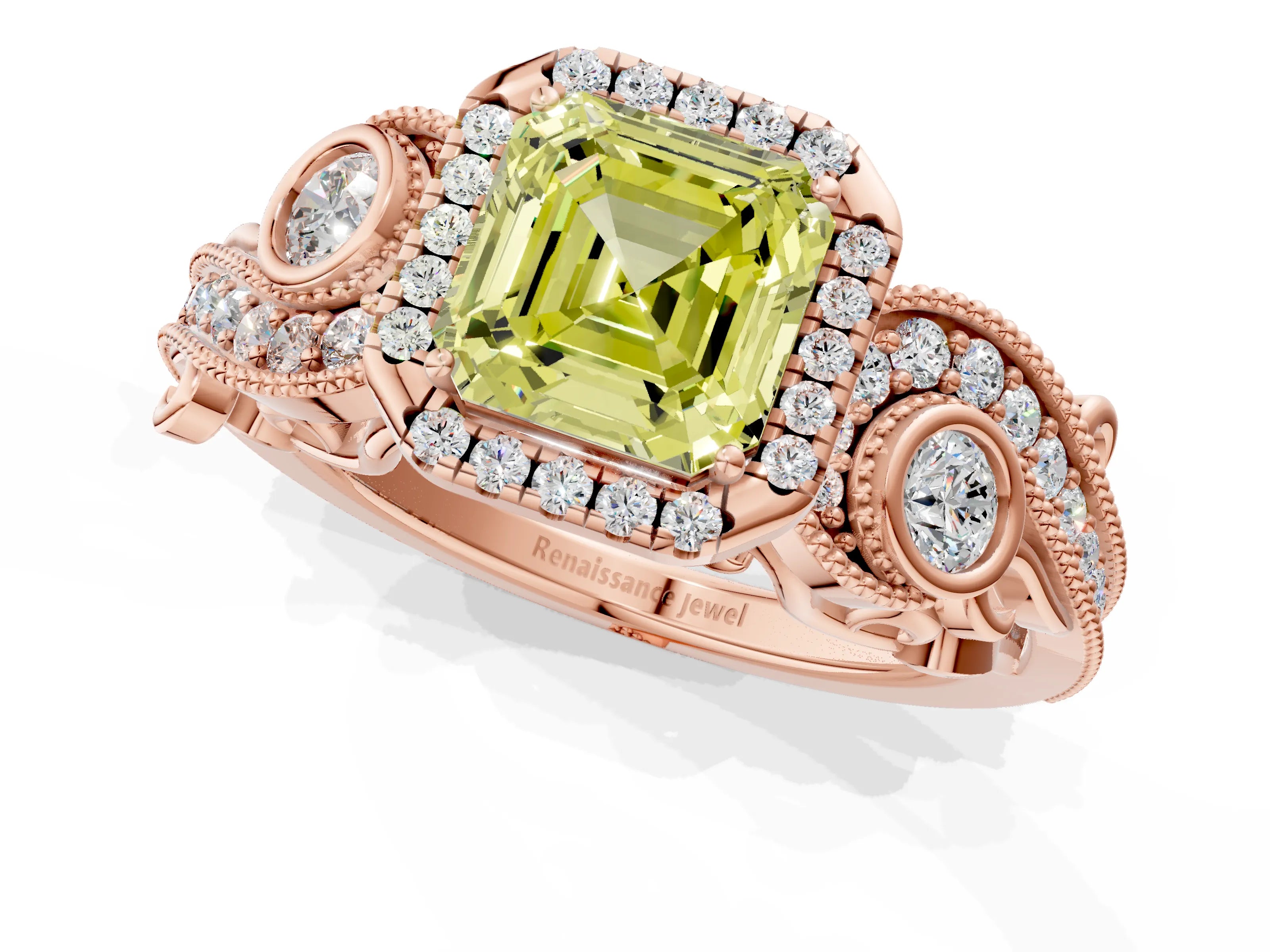 Rose gold Fancy Yellow Asscher Cut Halo Diamond Ring with Milgrain and Bezel Accents on a Split Shank Band_1