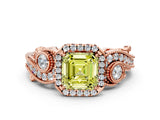 Rose gold Fancy Yellow Asscher Cut Halo Diamond Ring with Milgrain and Bezel Accents on a Split Shank Band_12