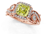 Rose gold Fancy Yellow Asscher Cut Halo Diamond Ring with Milgrain and Bezel Accents on a Split Shank Band_13