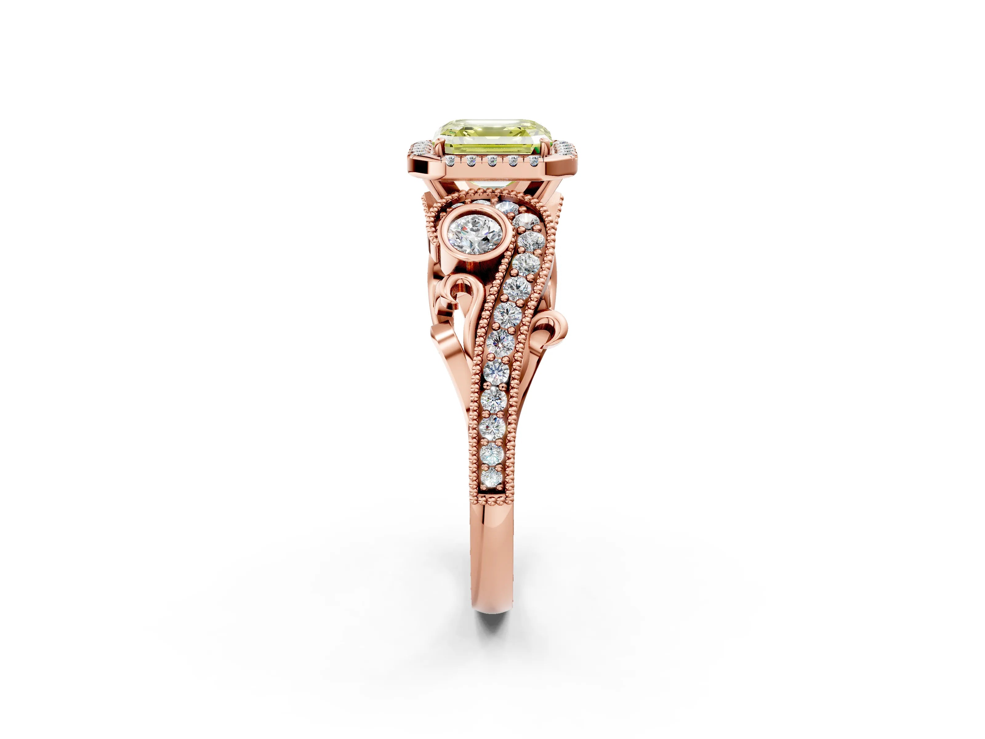 Rose gold Fancy Yellow Asscher Cut Halo Diamond Ring with Milgrain and Bezel Accents on a Split Shank Band_2