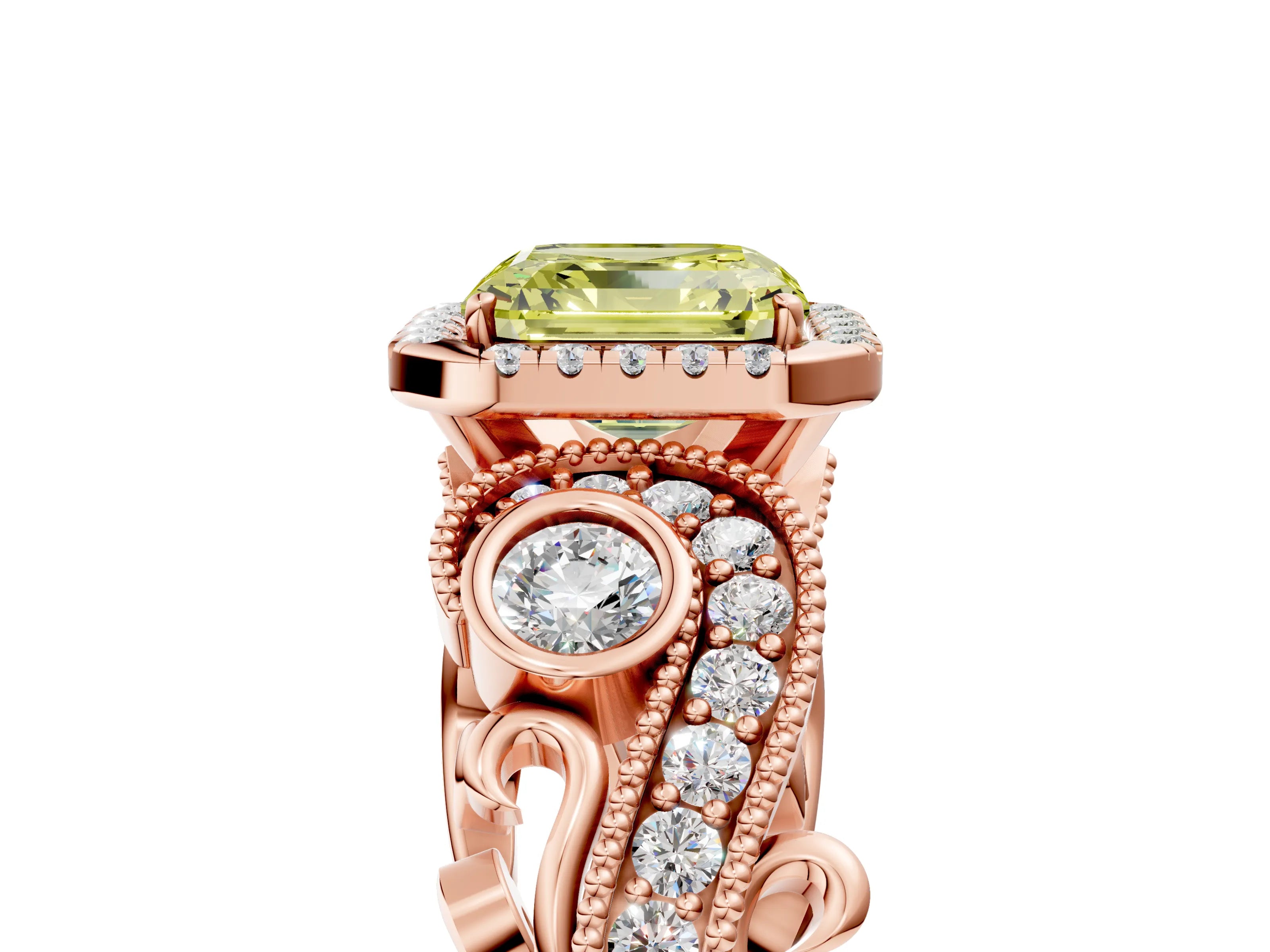Rose gold Fancy Yellow Asscher Cut Halo Diamond Ring with Milgrain and Bezel Accents on a Split Shank Band_5