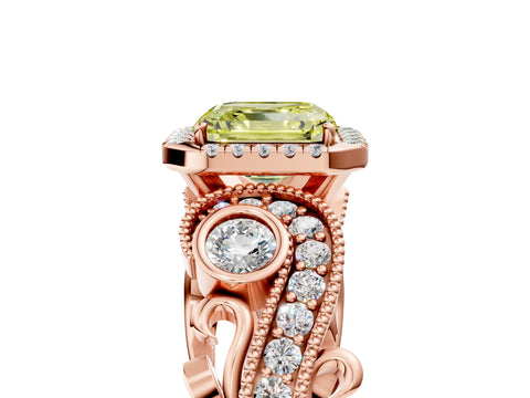 Rose gold Fancy Yellow Asscher Cut Halo Diamond Ring with Milgrain and Bezel Accents on a Split Shank Band_5