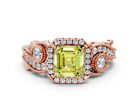 Rose gold Fancy Yellow Asscher Cut Halo Diamond Ring with Milgrain and Bezel Accents on a Split Shank Band