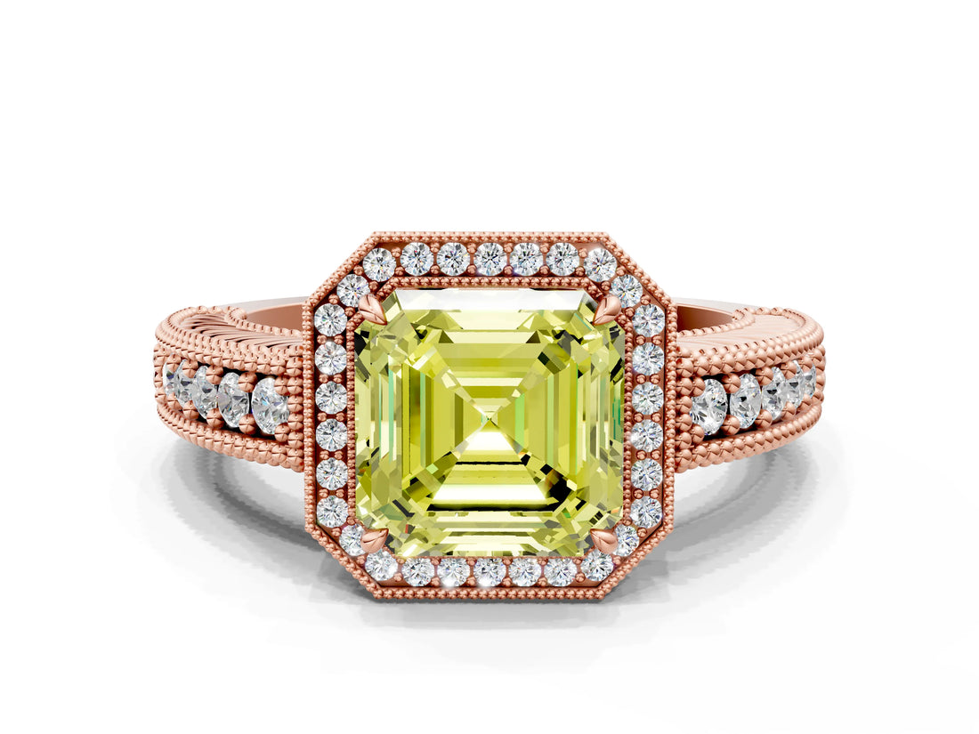 Rose gold Fancy Yellow Asscher  Cut Halo Diamond Ring with Pavé Band and Four-Prong Setting_29