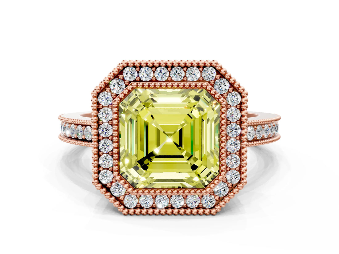 Rose gold Fancy Yellow Asscher  Cut Halo Diamond Ring with Pavé Band and Milgrain Prong Setting_49