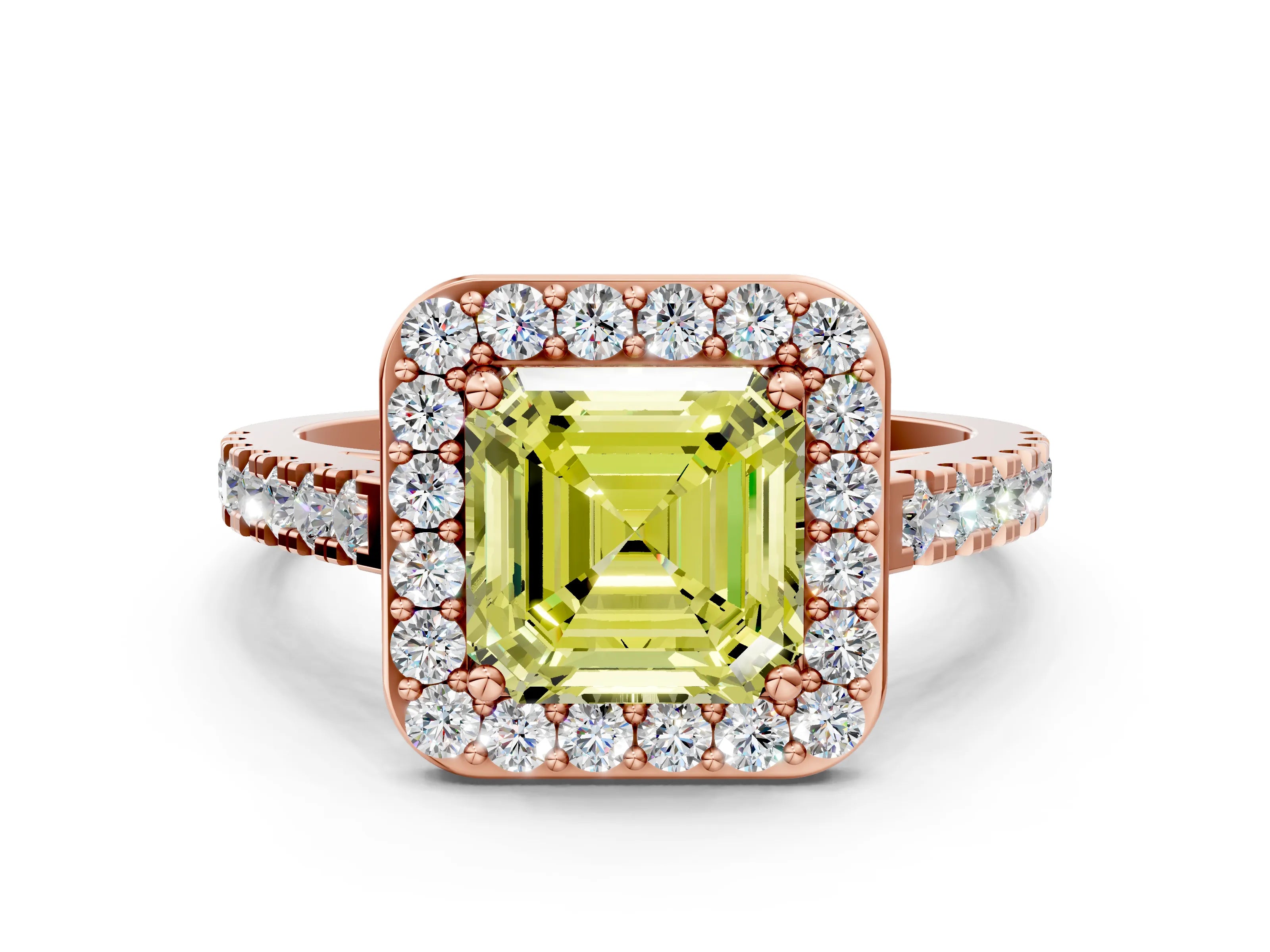 Rose gold Fancy Yellow Asscher Cut Halo Diamond Ring with Pavé Band and Three-Prong Setting