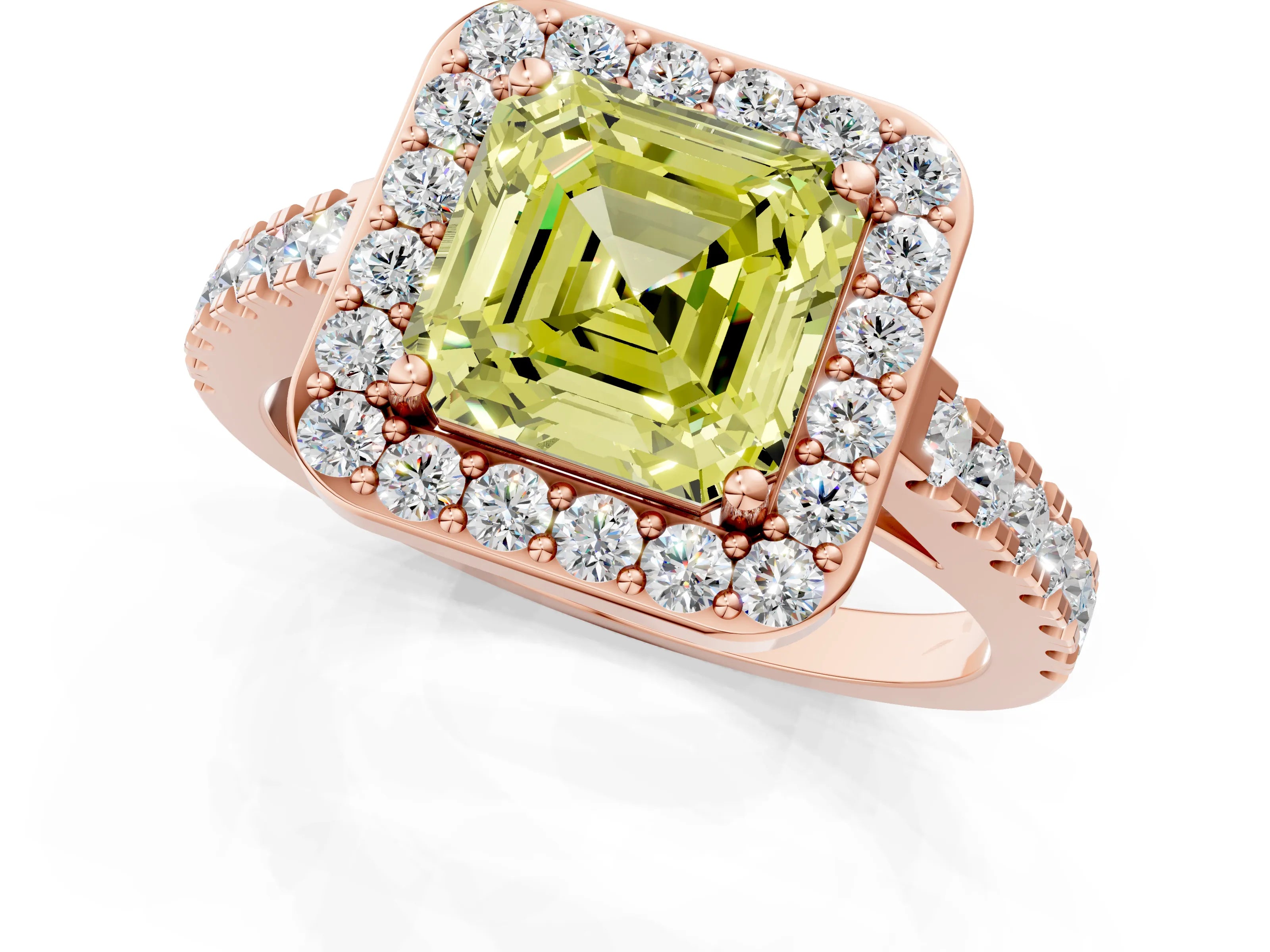 Rose gold Fancy Yellow Asscher Cut Halo Diamond Ring with Pavé Band and Three-Prong Setting_1