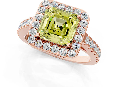 Rose gold Fancy Yellow Asscher Cut Halo Diamond Ring with Pavé Band and Three-Prong Setting_1