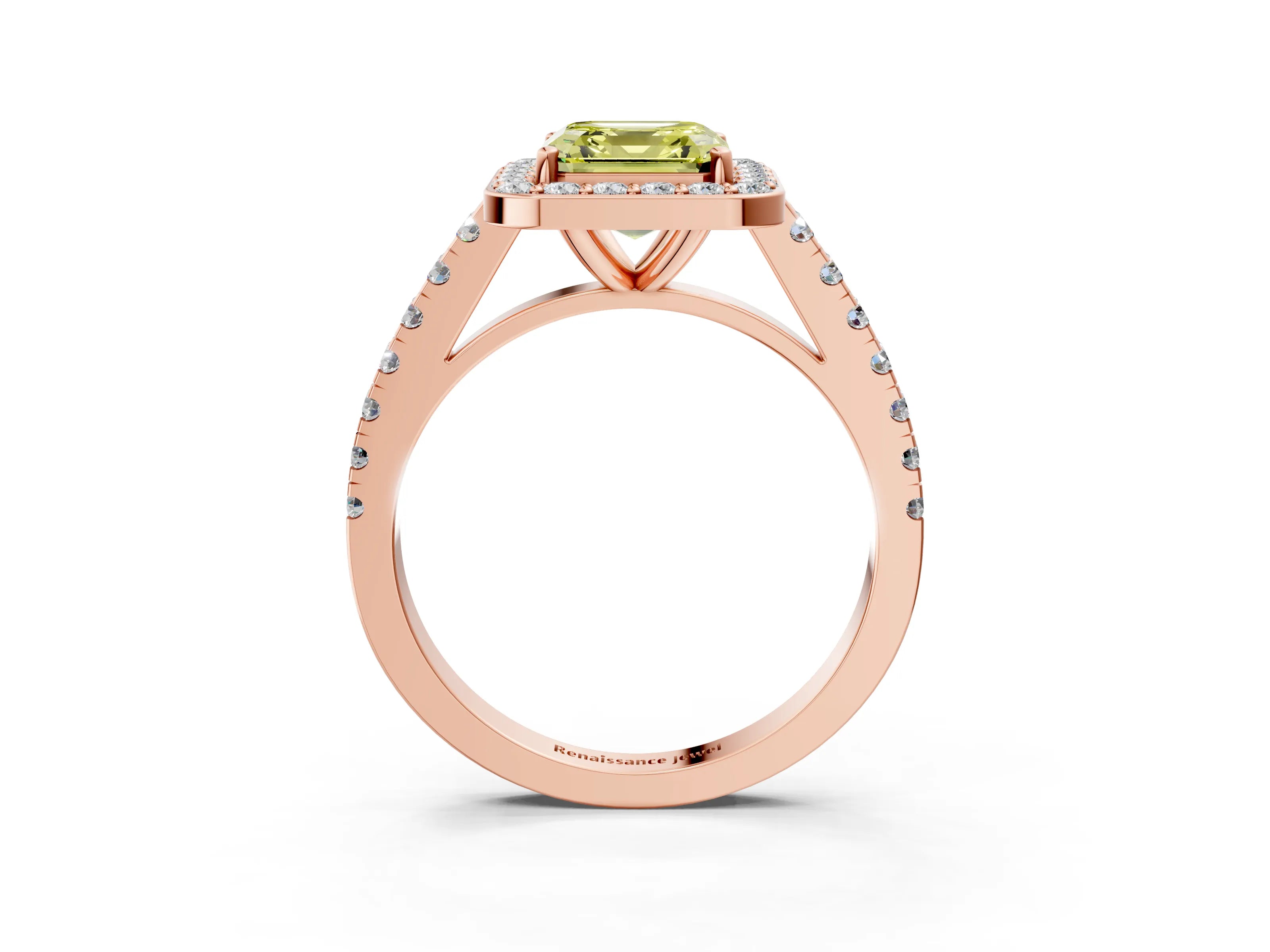 Rose gold Fancy Yellow Asscher Cut Halo Diamond Ring with Pavé Band and Three-Prong Setting_3