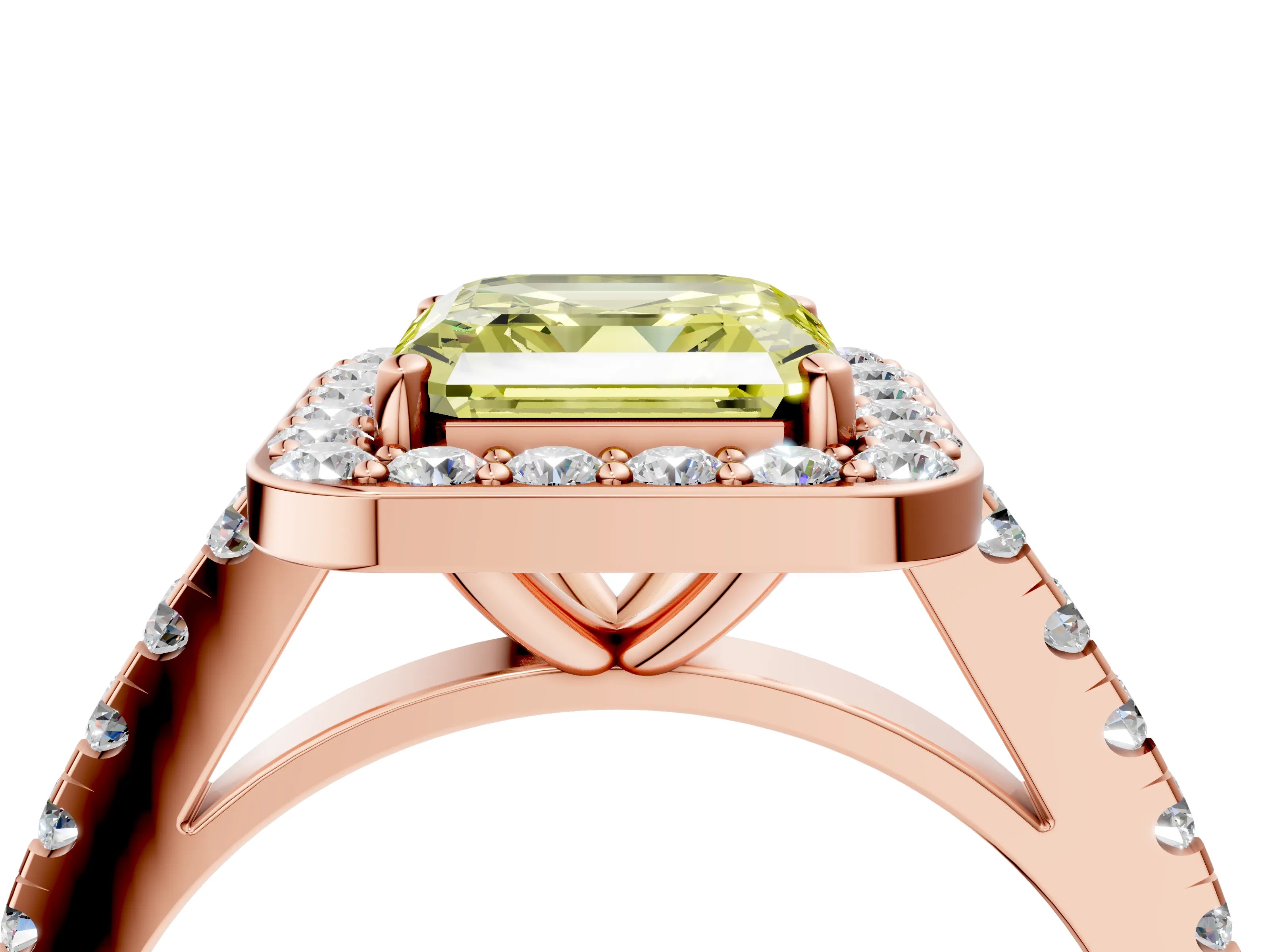 Rose gold Fancy Yellow Asscher Cut Halo Diamond Ring with Pavé Band and Three-Prong Setting_4