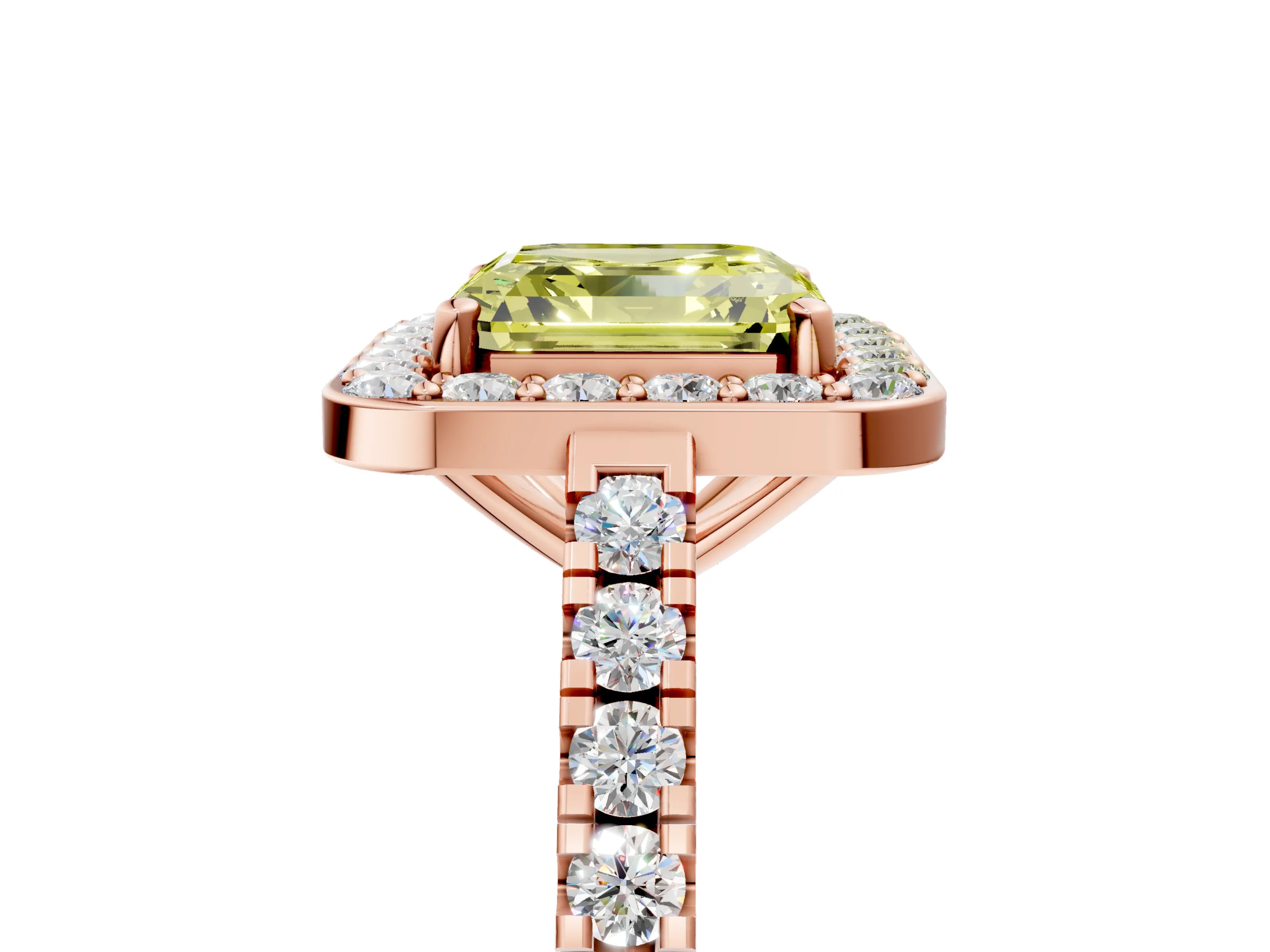 Rose gold Fancy Yellow Asscher Cut Halo Diamond Ring with Pavé Band and Three-Prong Setting_5