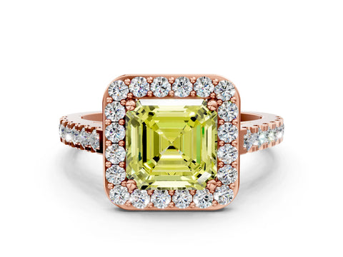 Rose gold Fancy Yellow Asscher Cut Halo Diamond Ring with Pavé Band and Three-Prong Setting