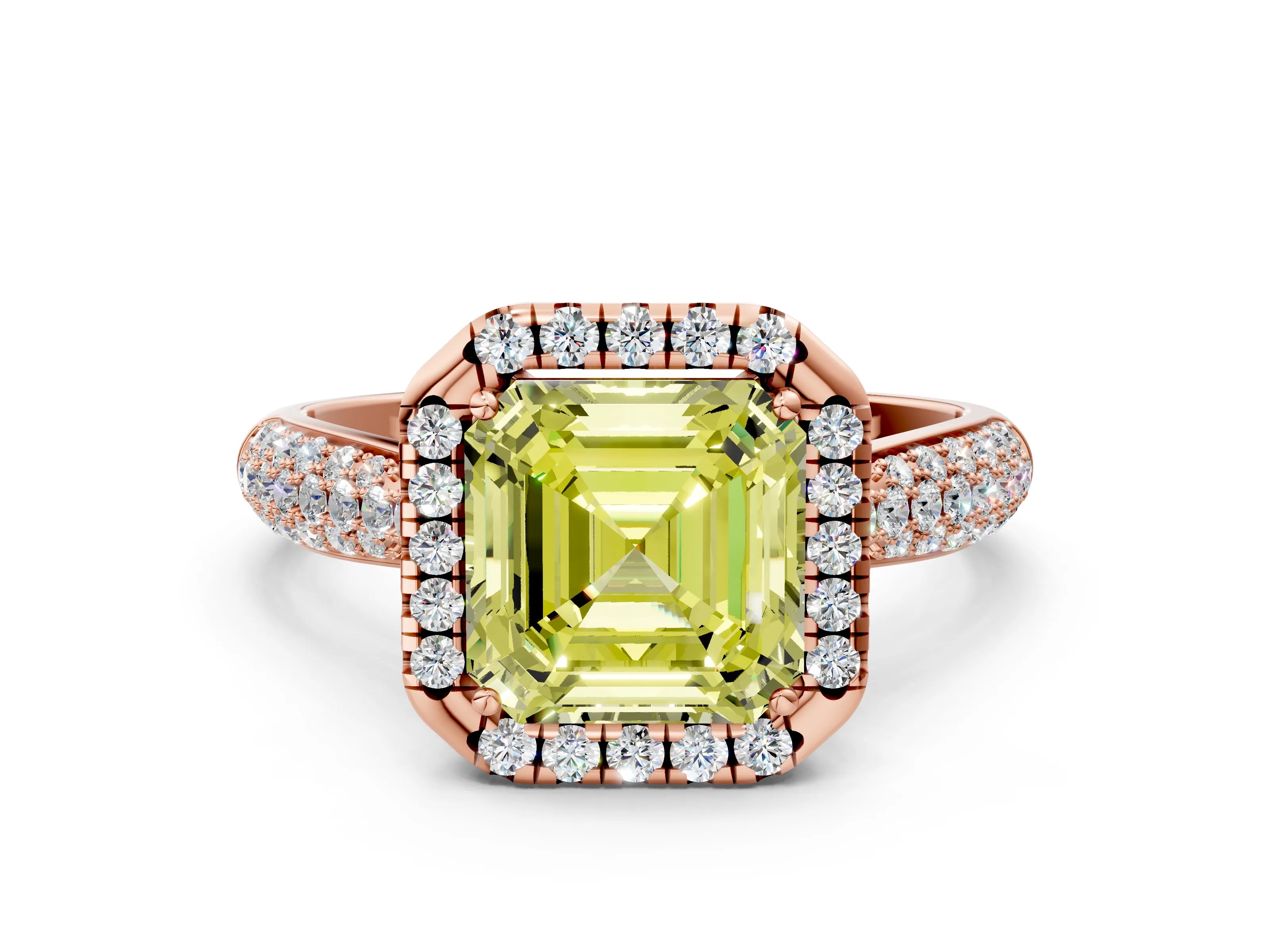 Rose gold Fancy Yellow Asscher Cut Halo Diamond Ring with Pavé Band