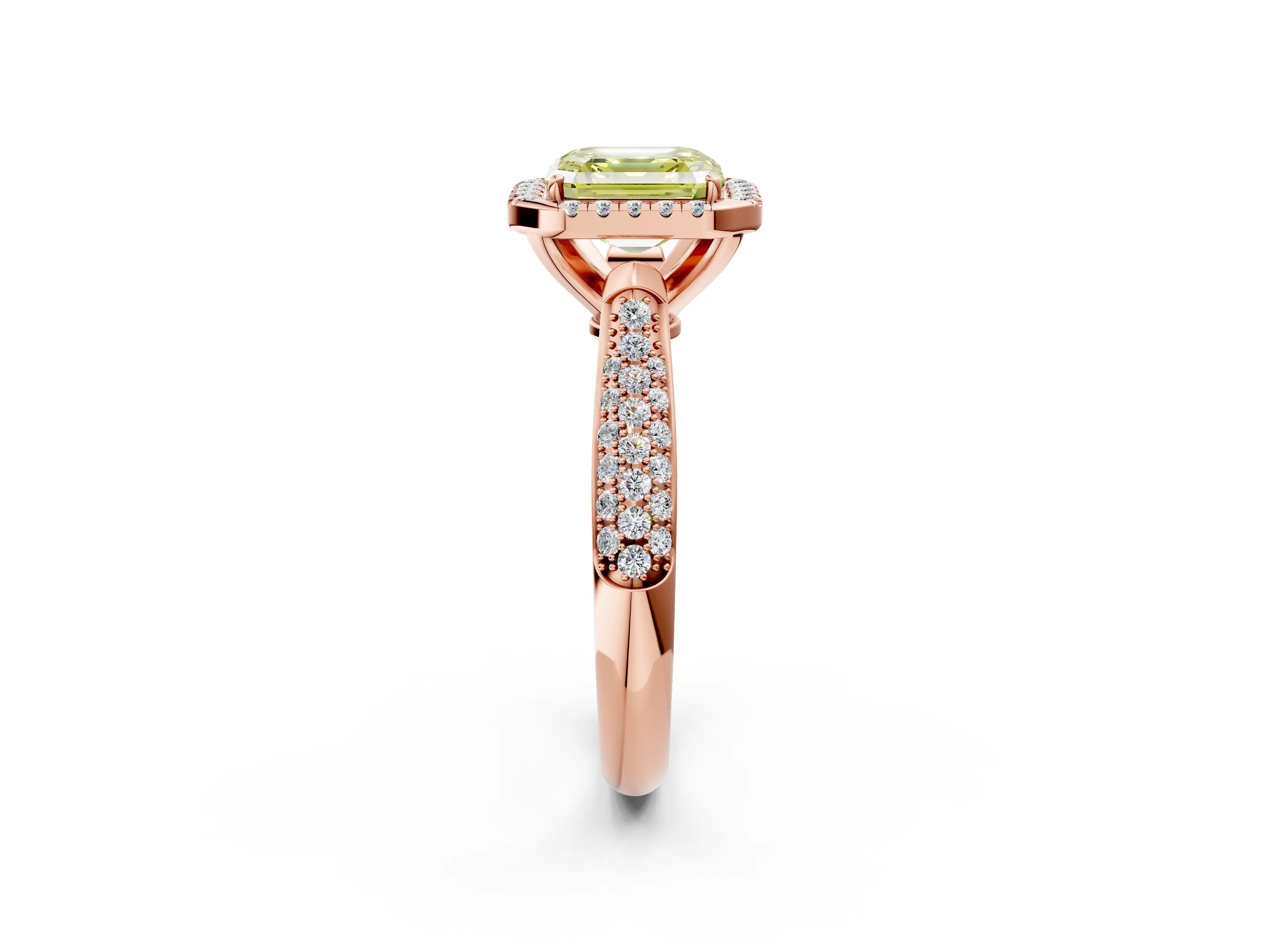 Rose gold Fancy Yellow Asscher Cut Halo Diamond Ring with Pavé Band_2