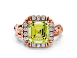 Rose gold Fancy Yellow Asscher  Cut Halo Diamond Ring with Scrollwork Band and Four-Prong Setting