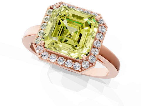 Rose gold Fancy Yellow Asscher Cut Halo Diamond Ring with Solitaire Band and Prong Setting_1