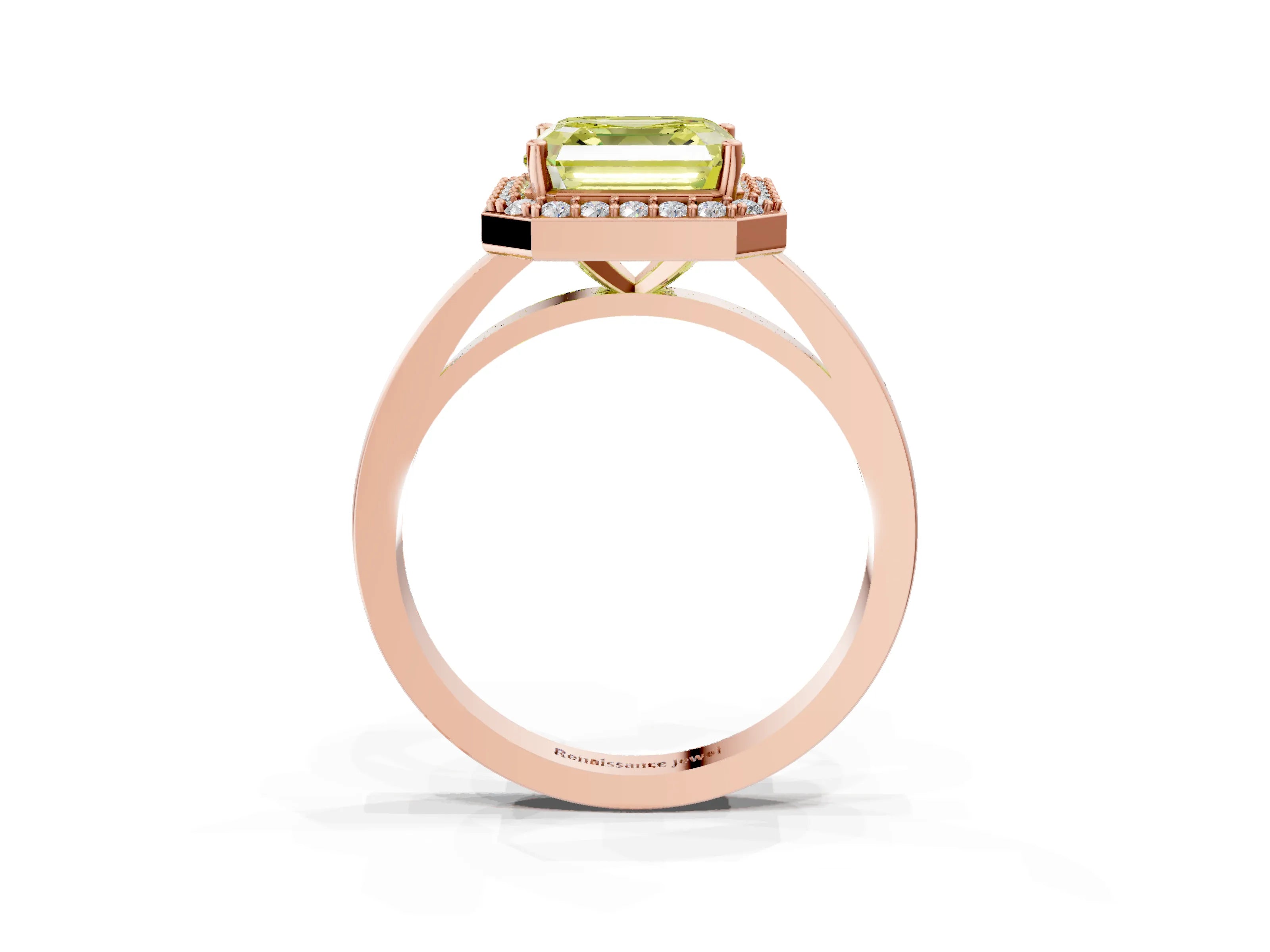 Rose gold Fancy Yellow Asscher Cut Halo Diamond Ring with Solitaire Band and Prong Setting_3