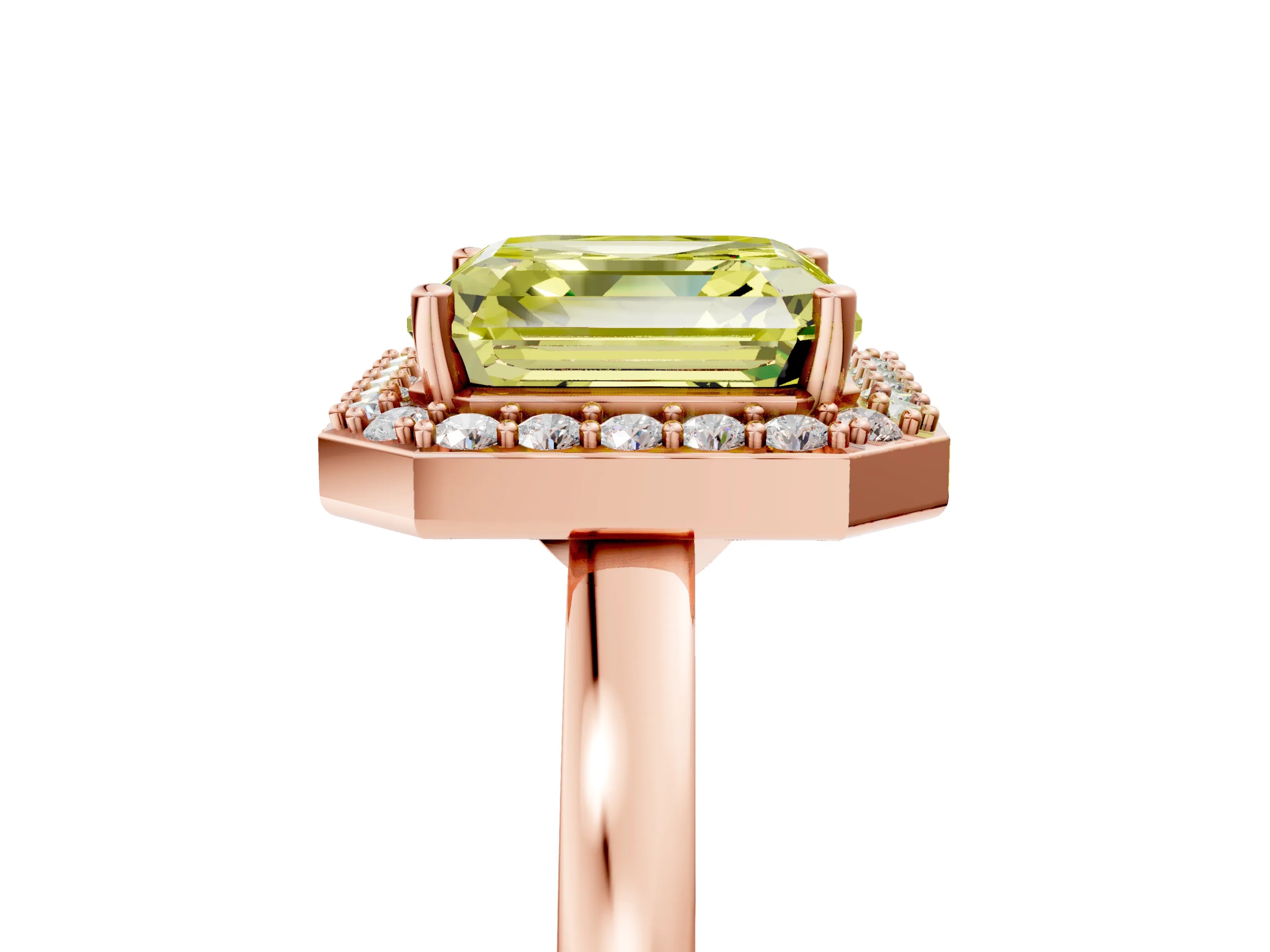 Rose gold Fancy Yellow Asscher Cut Halo Diamond Ring with Solitaire Band and Prong Setting_5