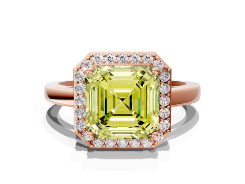 Rose gold Fancy Yellow Asscher Cut Halo Diamond Ring with Solitaire Band and Prong Setting