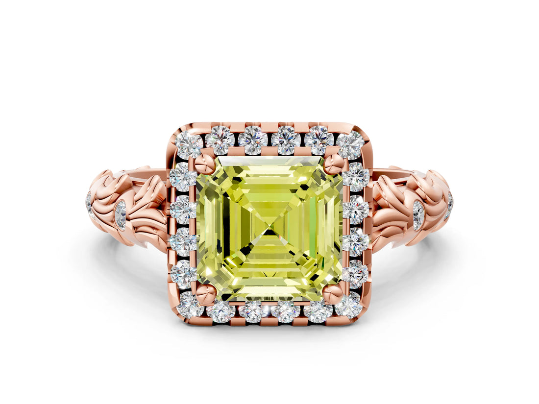 Rose gold Fancy Yellow Asscher Cut Halo Diamond Solitaire with Filigree Band and Four-Prong Setting