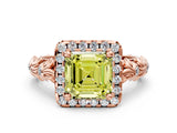 Rose gold Fancy Yellow Asscher Cut Halo Diamond Solitaire with Filigree Band and Four-Prong Setting