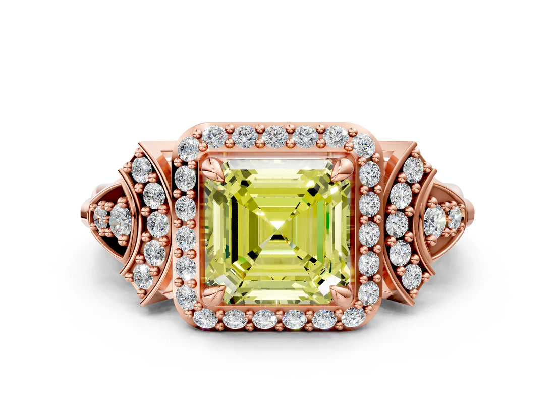 Rose gold Fancy Yellow Asscher Cut Halo Diamond Split Shank Engagement Ring with Four-Prong Setting