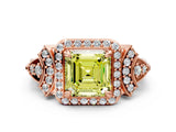 Rose gold Fancy Yellow Asscher Cut Halo Diamond Split Shank Engagement Ring with Four-Prong Setting