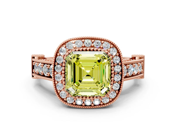 Rose Gold Asscher Cut Vintage Bezel Halo Engagement Ring Setting for Fancy Yellow Center