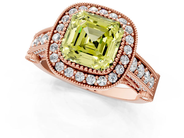 Rose Gold Asscher Cut Vintage Bezel Halo Engagement Ring Setting for Fancy Yellow Center
