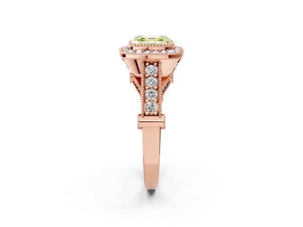 Rose Gold Asscher Cut Vintage Bezel Halo Engagement Ring Setting for Fancy Yellow Center