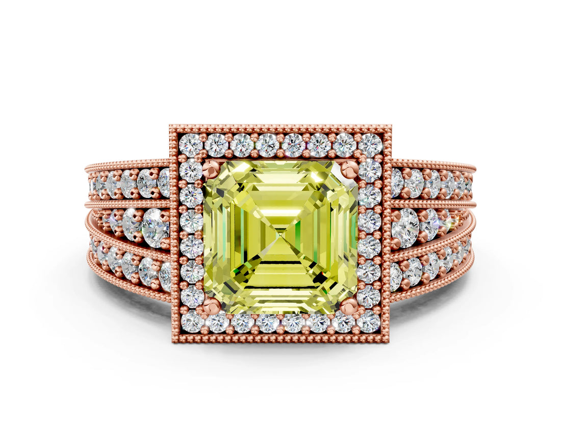Rose gold Fancy Yellow Asscher Cut Halo Diamond Split Shank Ring with Prong Setting