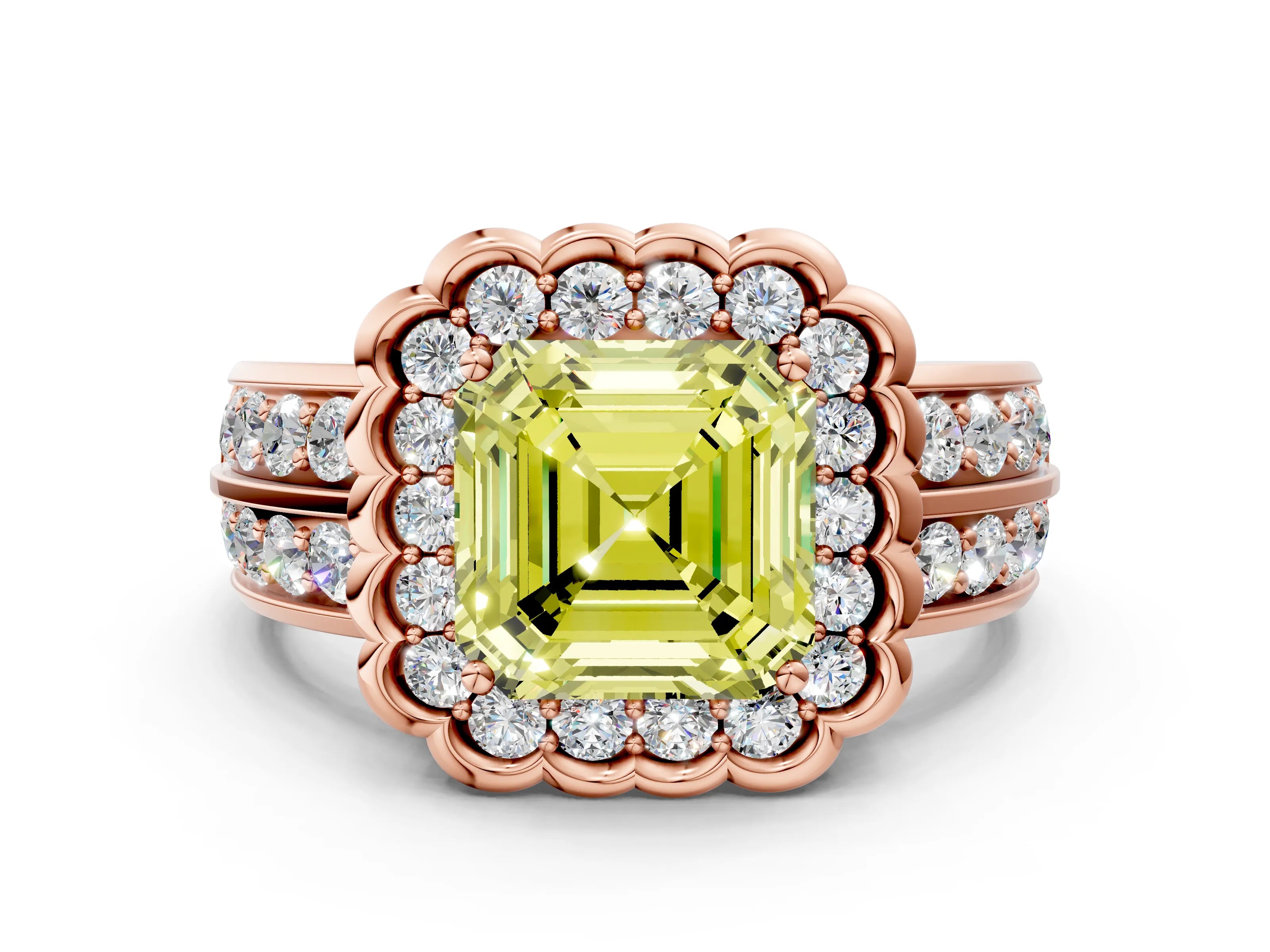 Rose gold Fancy Yellow Asscher Cut Halo Diamond Split Shank Ring with Scalloped Prong Setting