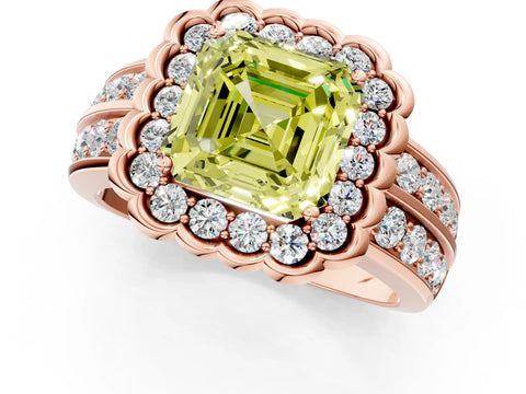 Rose gold Fancy Yellow Asscher Cut Halo Diamond Split Shank Ring with Scalloped Prong Setting_1