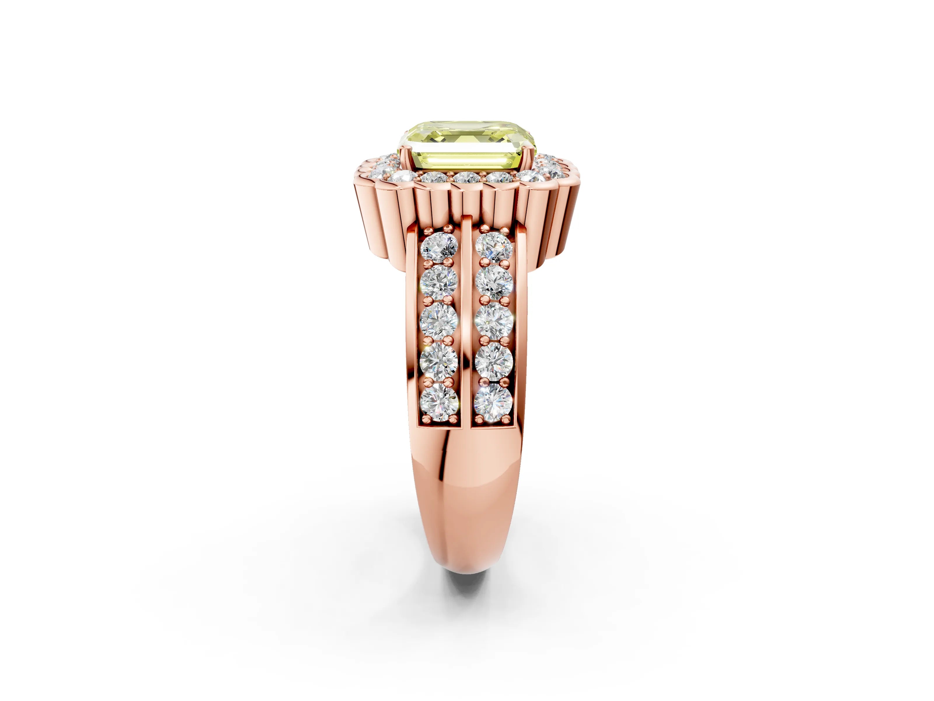 Rose gold Fancy Yellow Asscher Cut Halo Diamond Split Shank Ring with Scalloped Prong Setting_2