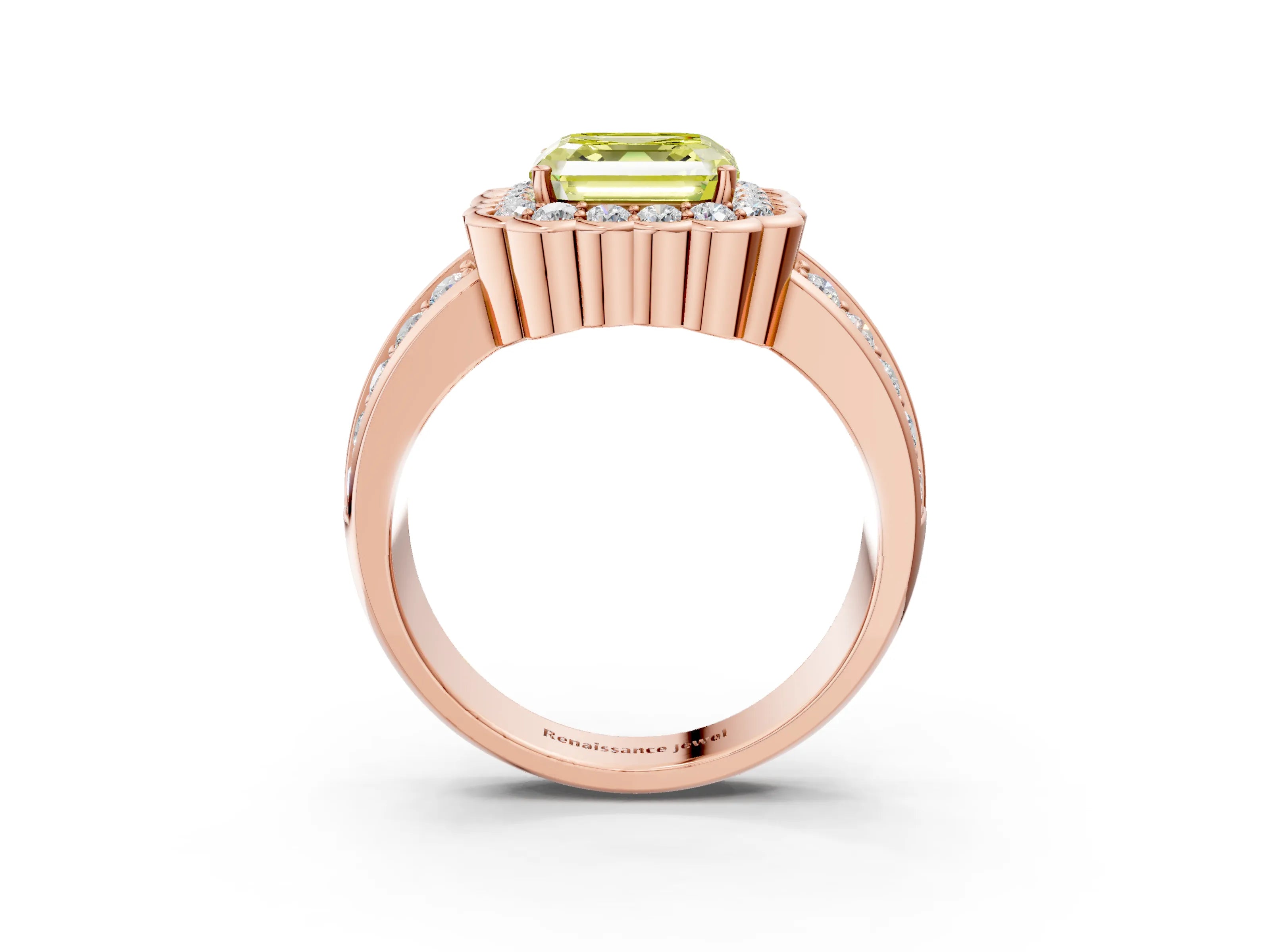 Rose gold Fancy Yellow Asscher Cut Halo Diamond Split Shank Ring with Scalloped Prong Setting_3
