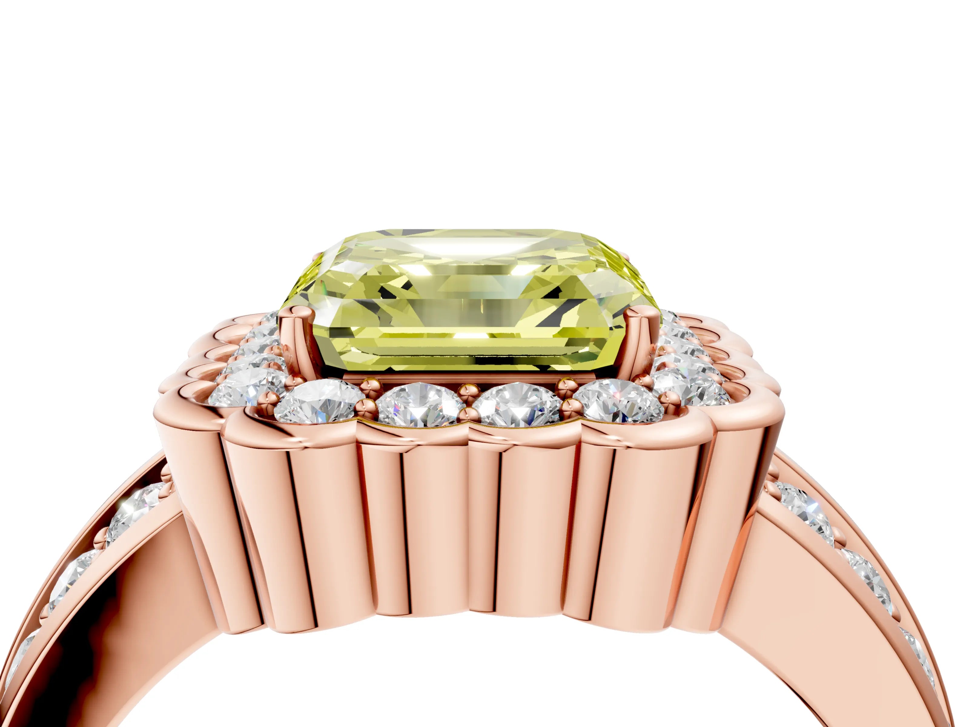 Rose gold Fancy Yellow Asscher Cut Halo Diamond Split Shank Ring with Scalloped Prong Setting_4