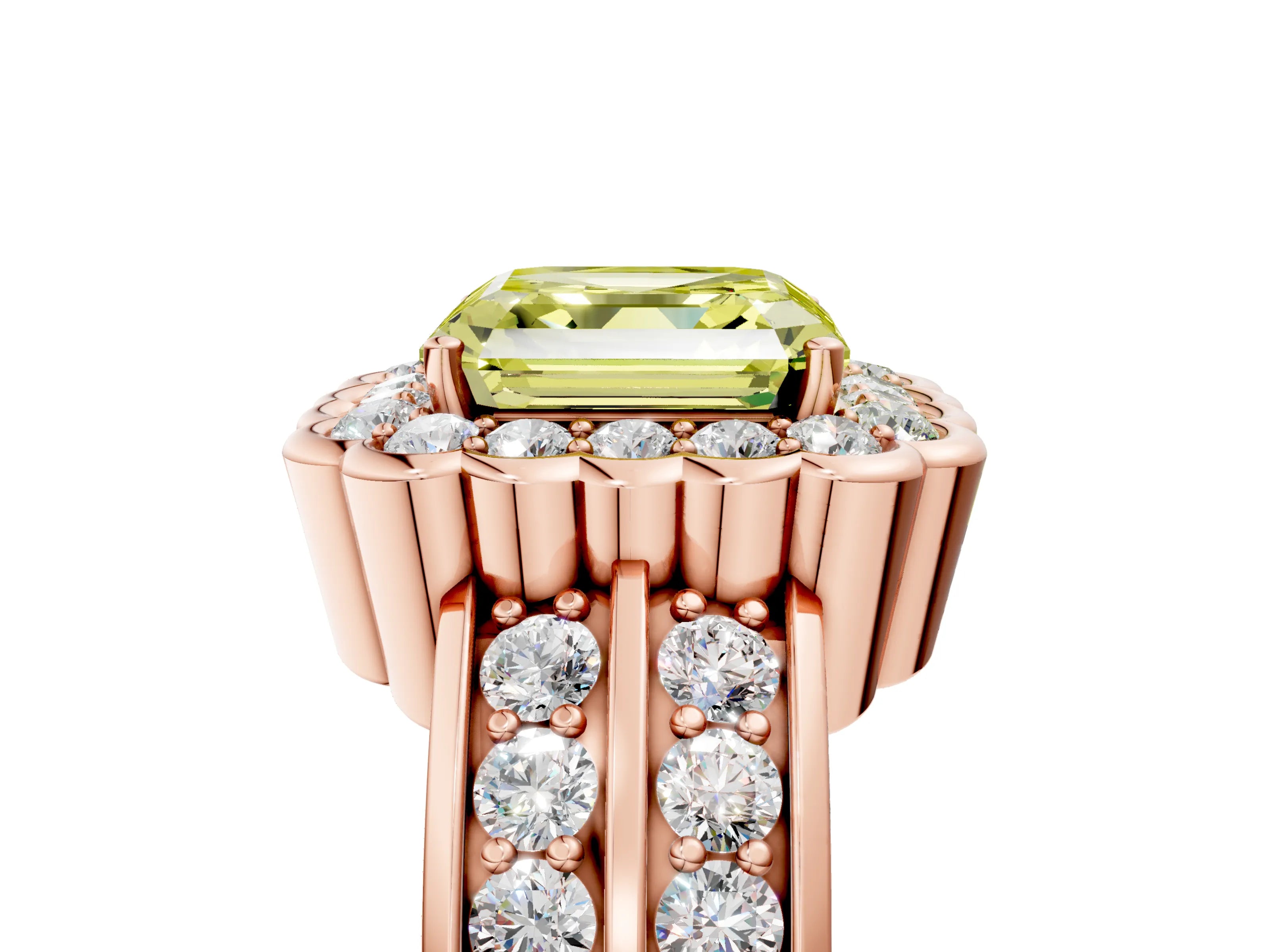 Rose gold Fancy Yellow Asscher Cut Halo Diamond Split Shank Ring with Scalloped Prong Setting_5