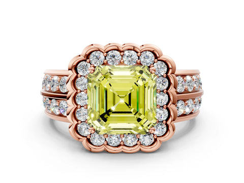 Rose gold Fancy Yellow Asscher Cut Halo Diamond Split Shank Ring with Scalloped Prong Setting