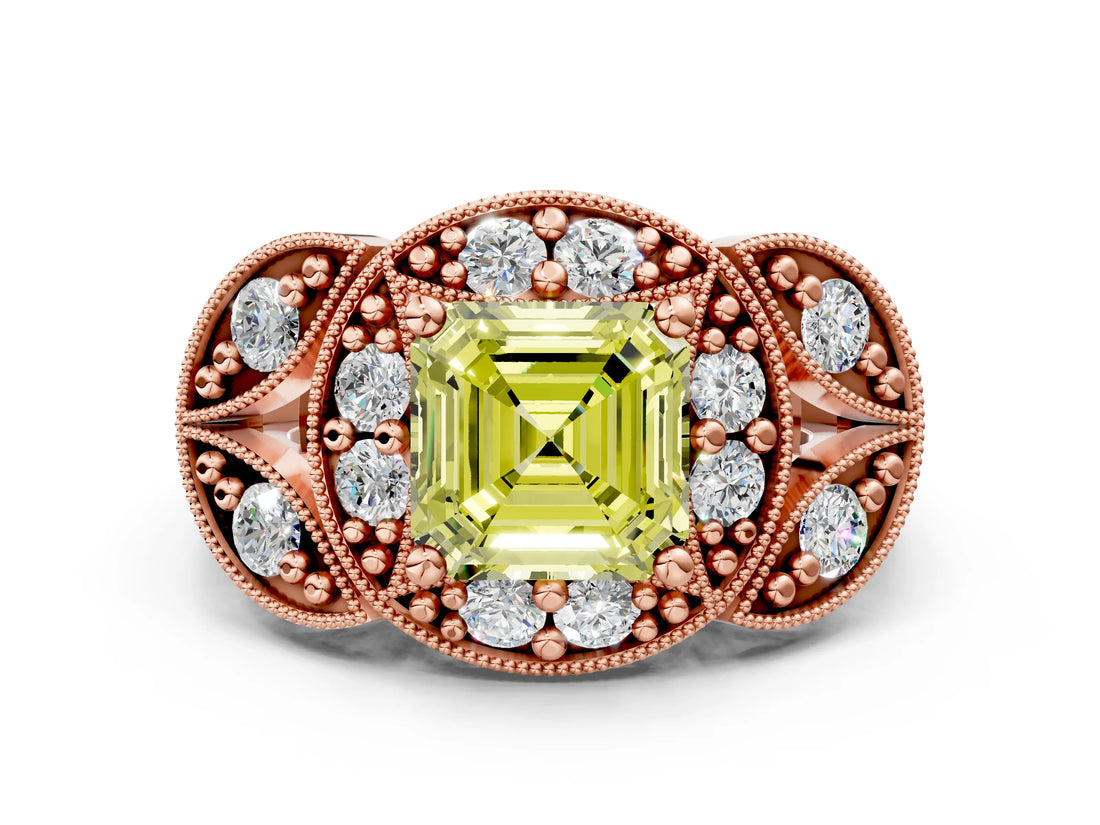 Rose gold Fancy Yellow Asscher Cut Halo Milgrain Diamond Engagement Ring with Leaf Band and Four-Prong Setting