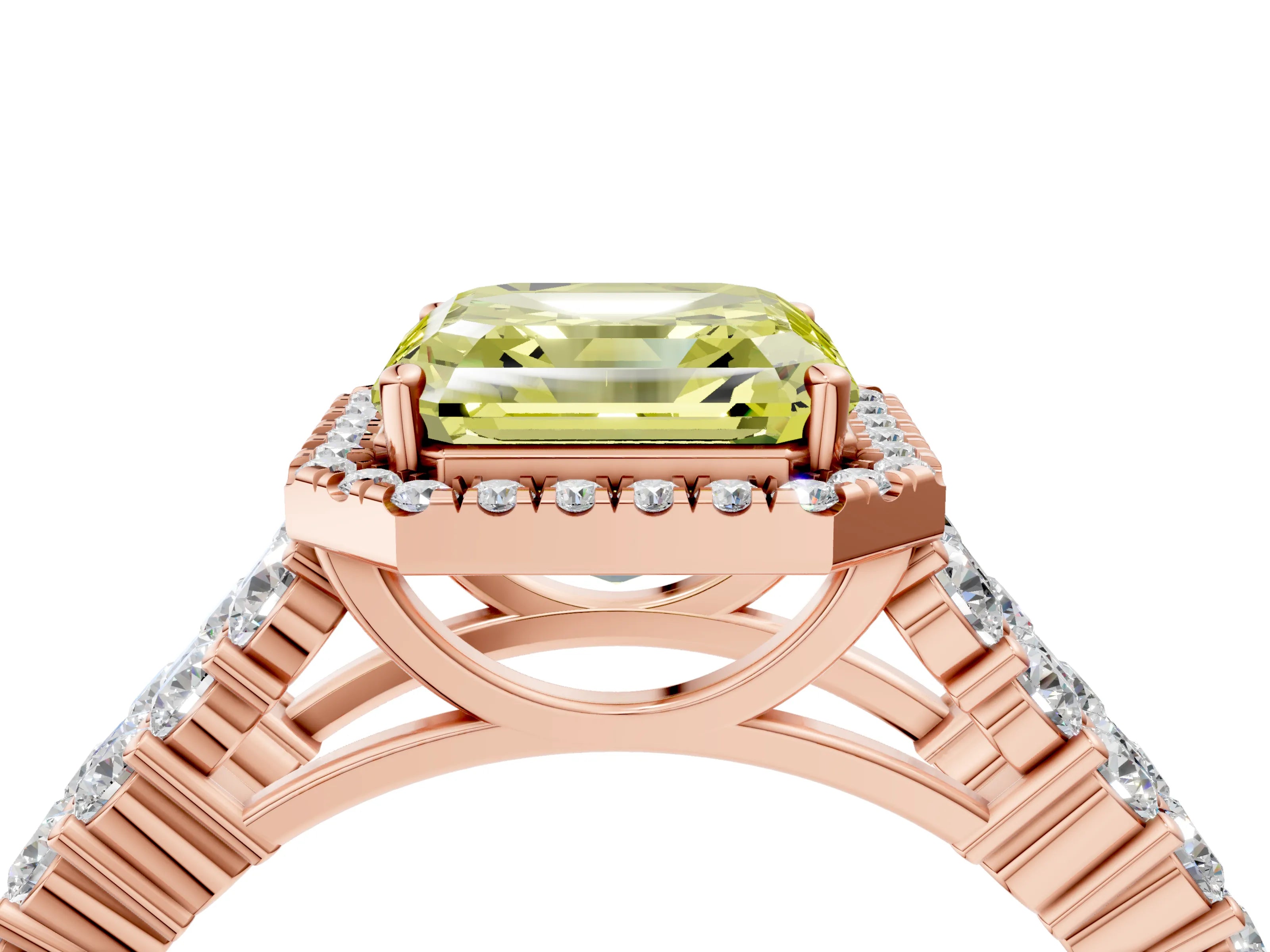 Rose gold Fancy Yellow Asscher Cut Halo Pavé Diamond Engagement Ring with Split Shank and Four-Prong Setting_7