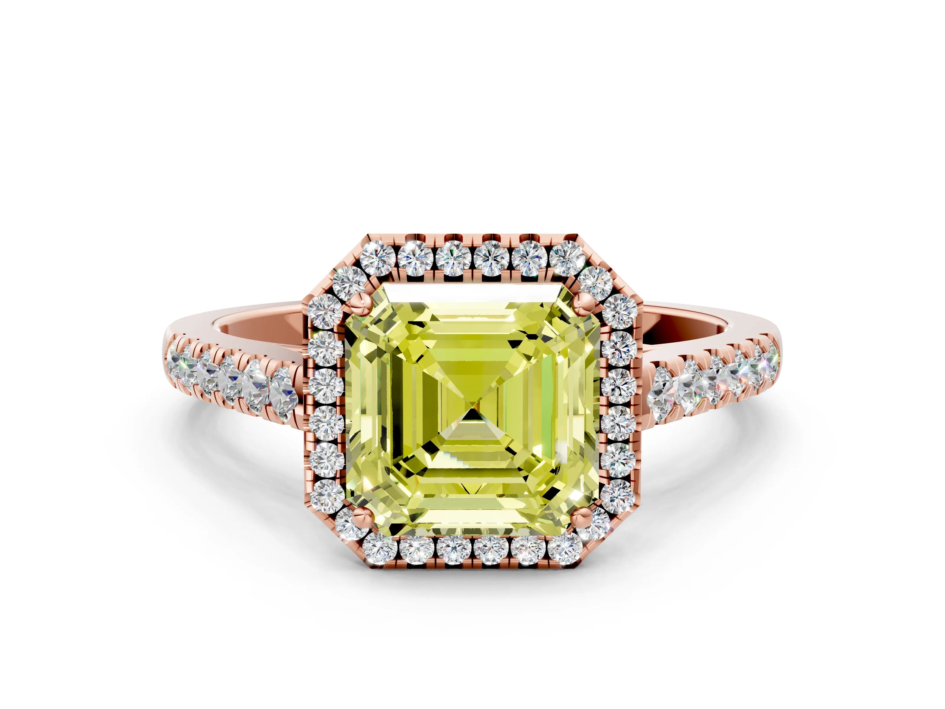 Rose gold Fancy Yellow Asscher Cut Halo Pave Diamond Engagement Ring with Four-Prong Setting