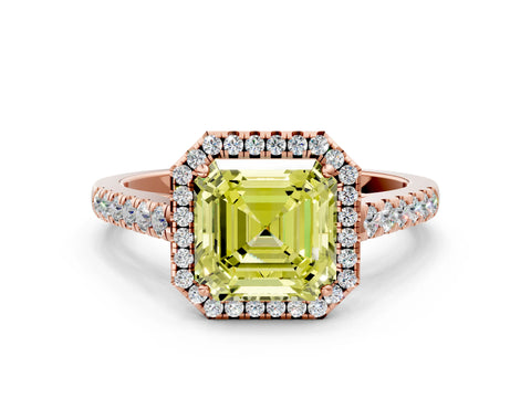 Rose gold Fancy Yellow Asscher Cut Halo Pave Diamond Engagement Ring with Four-Prong Setting