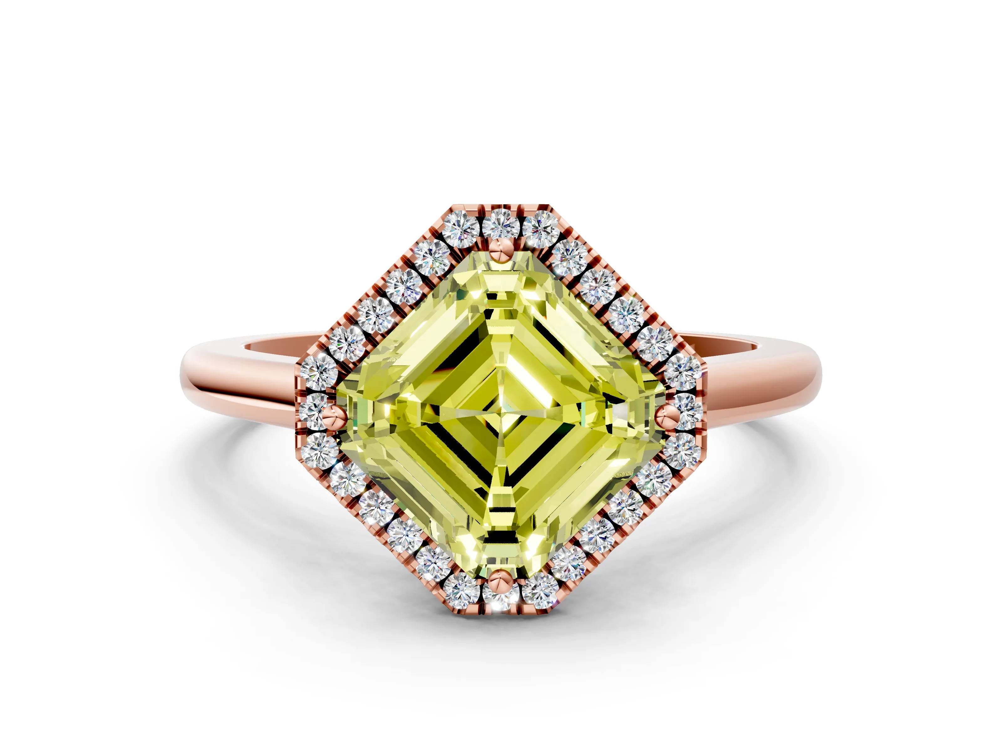 Rose gold Fancy Yellow Asscher Cut Halo Round Diamond Solitaire Engagement Ring with Pave Band and Four-Prong Setting_12