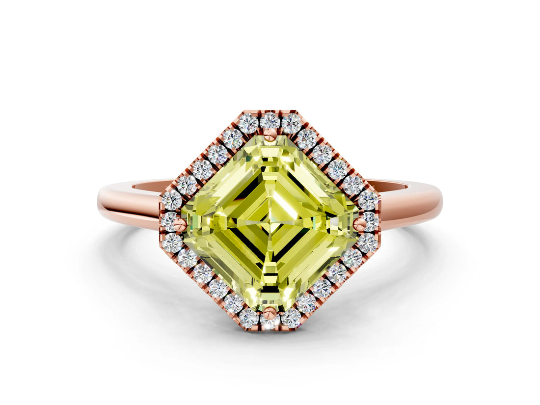 Rose gold Fancy Yellow Asscher Cut Halo Round Diamond Solitaire Engagement Ring with Pave Band and Four-Prong Setting_12