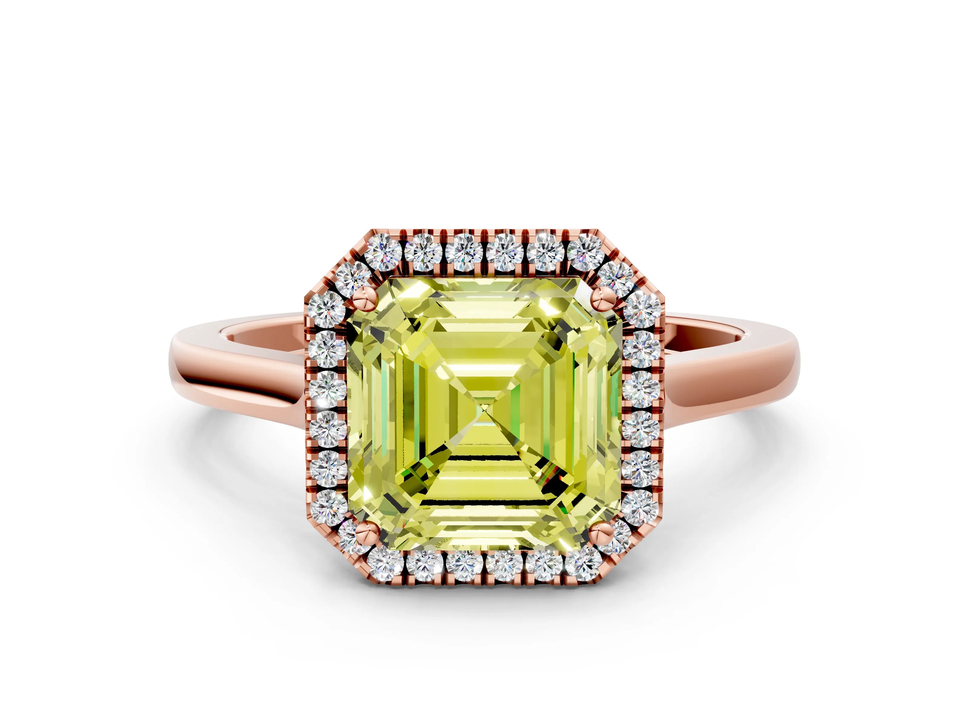 Rose gold Fancy Yellow Asscher Cut Halo Round Diamond Solitaire Ring with Pavé Band and Four-Prong Setting