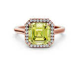 Rose gold Fancy Yellow Asscher Cut Halo Round Diamond Solitaire Ring with Pavé Band and Four-Prong Setting