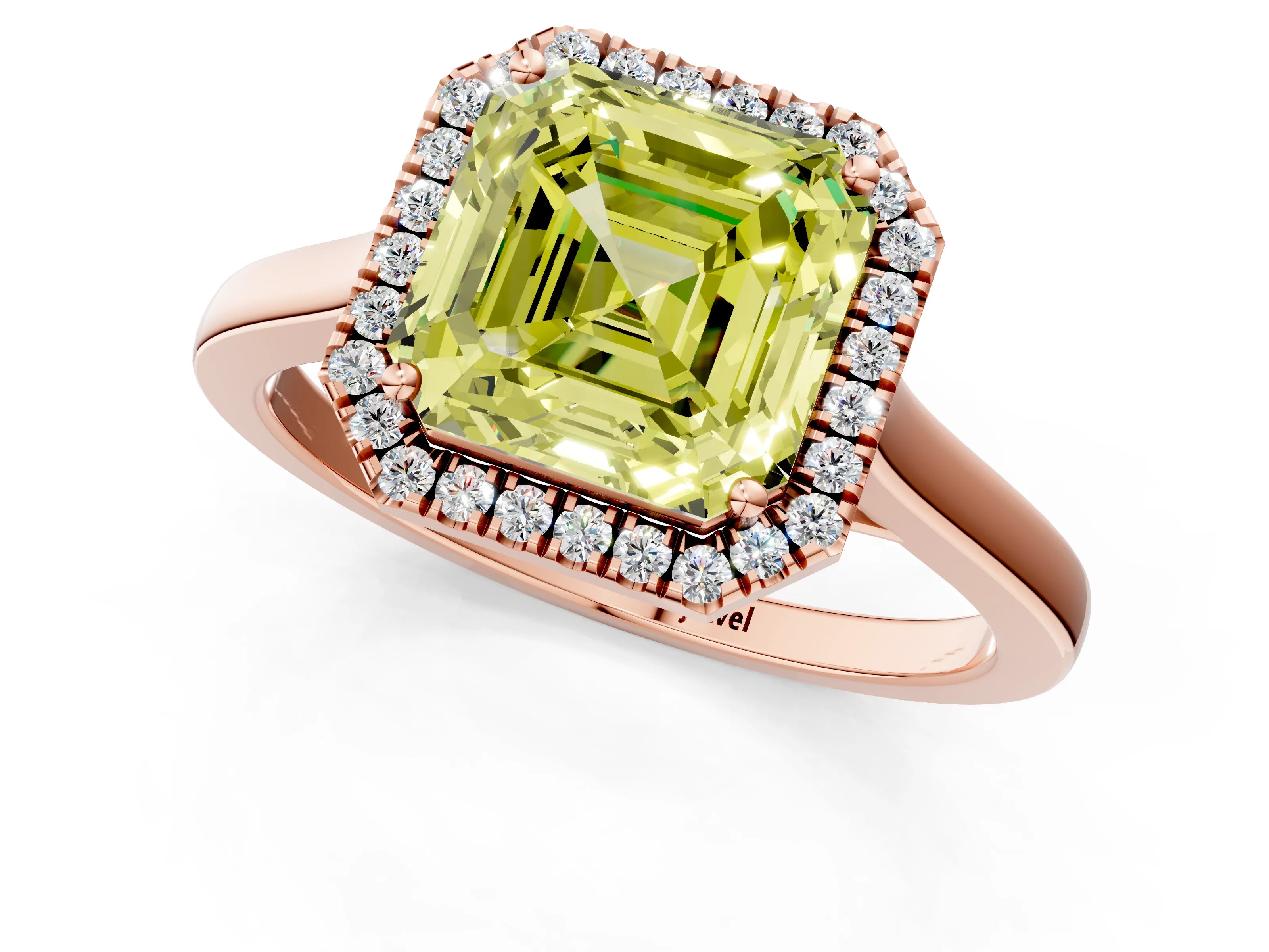 Rose gold Fancy Yellow Asscher Cut Halo Round Diamond Solitaire Ring with Pavé Band and Four-Prong Setting_1