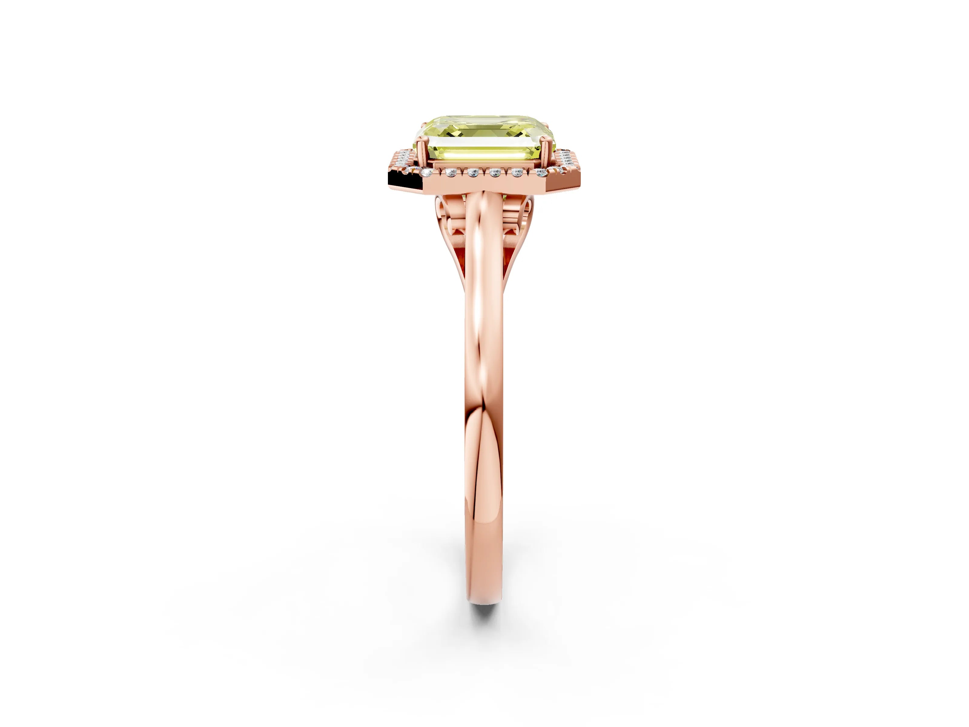 Rose gold Fancy Yellow Asscher Cut Halo Round Diamond Solitaire Ring with Pavé Band and Four-Prong Setting_2